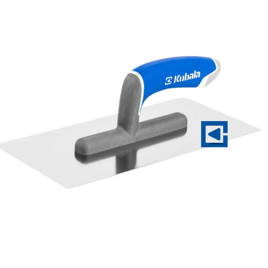 SMOOTH STAINLESS STEEL TROWEL WITH TWO ROUNDED CORNERS, 3K SOFT HANDLE ON A MASTER LINE POLYAMIDE FOOT 130X270 MM
